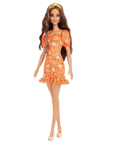 Кукла Barbie Игра с модой HBV16 брюнетка в оранжевом платье с цветочками фото 3