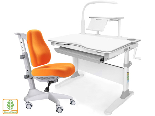 Комплект парта и кресло Mealux EVO-30 + Y-528 (с лампой) (дерево) (Цвет столешницы:Белый, Цвет ножек стола:Белый, Цвет обивки:Оранжевый, Цвет кромки:Серый)