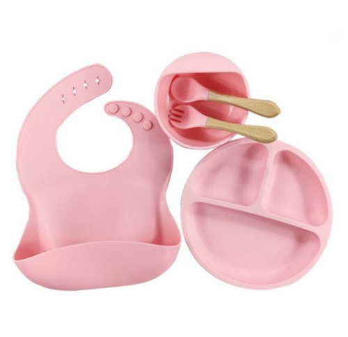 (Розовый) Детский силиконовый набор посуды для кормления малыша 9 предметов фото 3