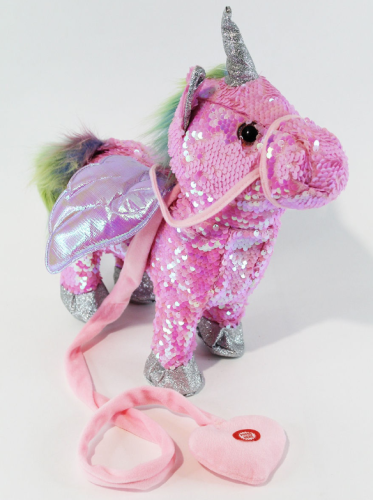 30 см Интерактивная мягкая игрушка Единорог с пайетками на поводке ходит, издаёт звуки (розовый) фото 2