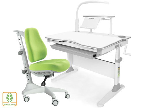 Комплект парта и кресло Mealux EVO-30 + Y-528 (с лампой) (дерево) (Цвет столешницы:Белый, Цвет ножек стола:Белый, Цвет обивки:Зеленый, Цвет кромки:Серый) фото 2