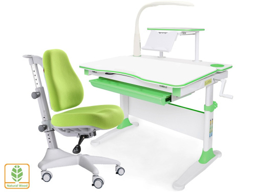 Комплект парта и кресло Mealux EVO-30 + Y-528 (с лампой) (дерево) (Цвет столешницы:Белый, Цвет ножек стола:Белый, Цвет обивки:Зеленый, Цвет кромки:Зеленый)