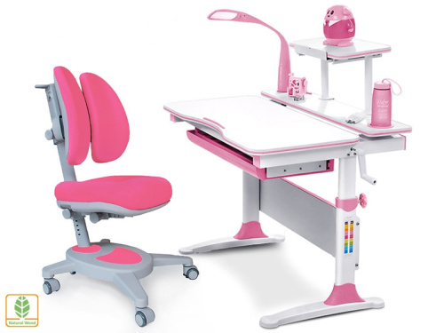 Комплект Mealux EVO-30 (парта Evo-Diego с лампой + кресло Y-115 с двойной спинкой)(дерево) (Цвет столешницы:Розовый, Цвет ножек стола:Белый)