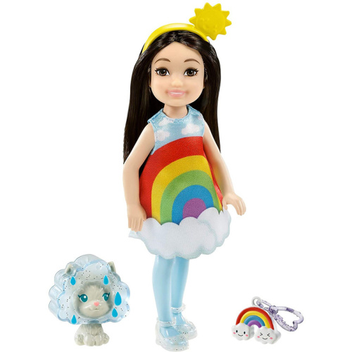 GHV69-2 Кукла Barbie Челси в тематическом костюме радуга с питомцем