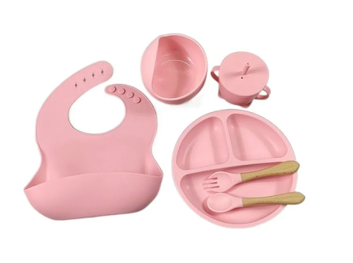 (Розовый) Детский силиконовый набор посуды для кормления малыша 9 предметов фото 2