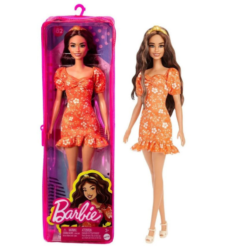 Кукла Barbie Игра с модой HBV16 брюнетка в оранжевом платье с цветочками фото 6
