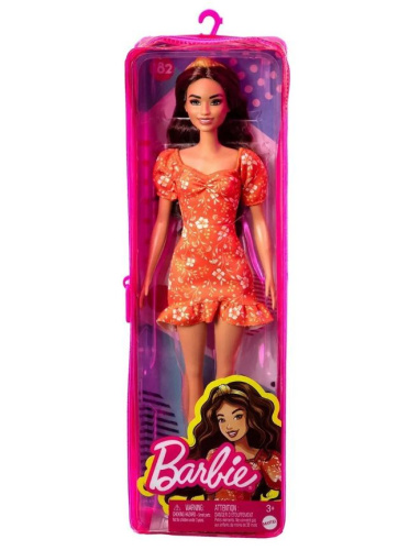 Кукла Barbie Игра с модой HBV16 брюнетка в оранжевом платье с цветочками фото 5